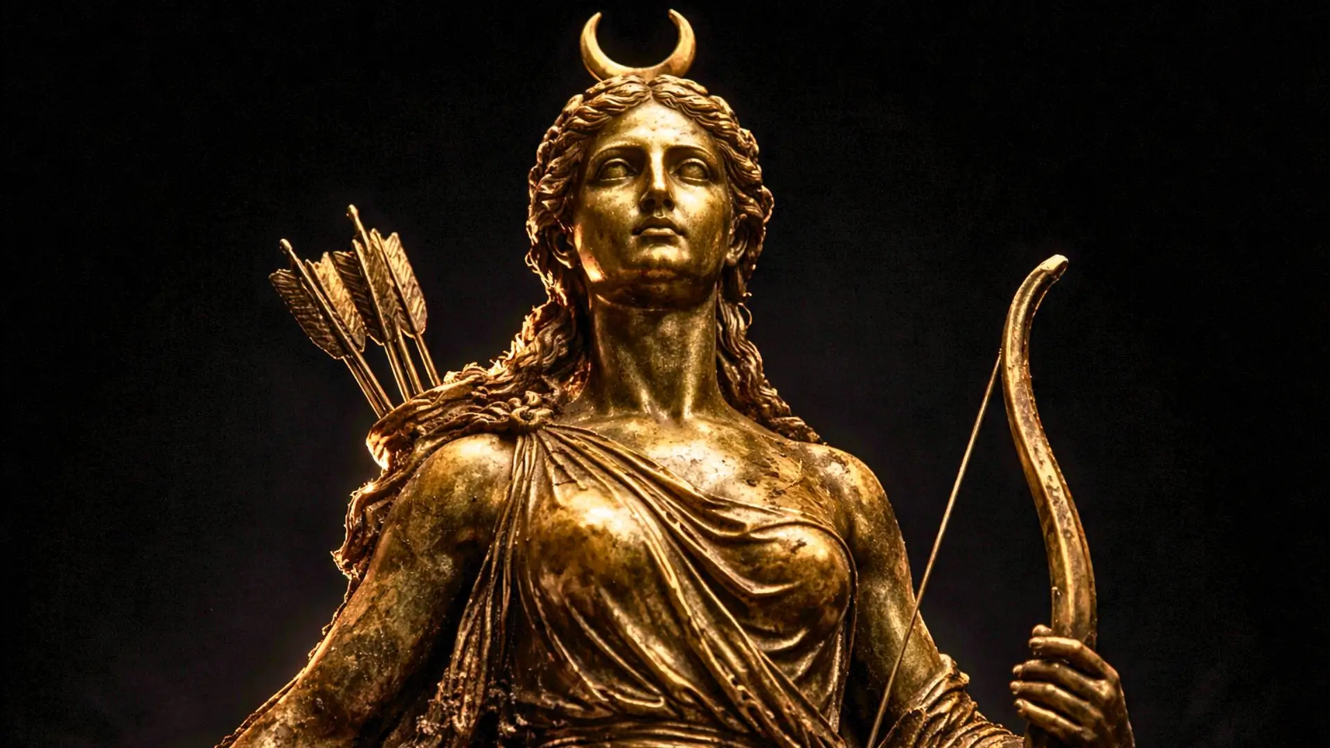 Statuette en bronze de la déesse Diane, éclairée en clair-obscur sur fond noir, avec une patine ancienne verte et dorée et des traces de terre visibles.