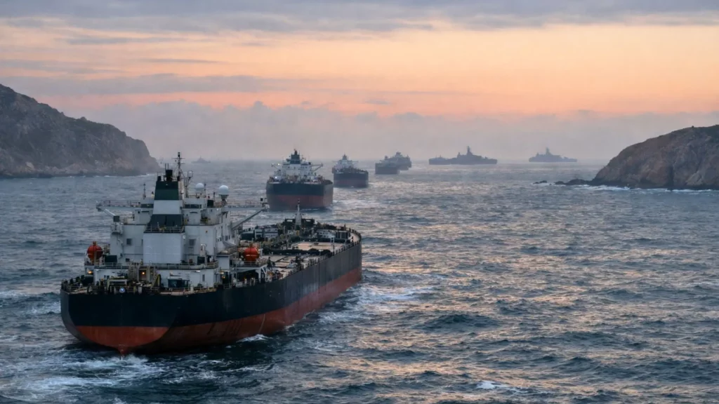 Une file de grands pétroliers attend à l’entrée d’un détroit étroit à l’aube, avec des silhouettes de patrouilles navales au loin sur une mer sombre.