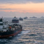 Une file de grands pétroliers attend à l’entrée d’un détroit étroit à l’aube, avec des silhouettes de patrouilles navales au loin sur une mer sombre.
