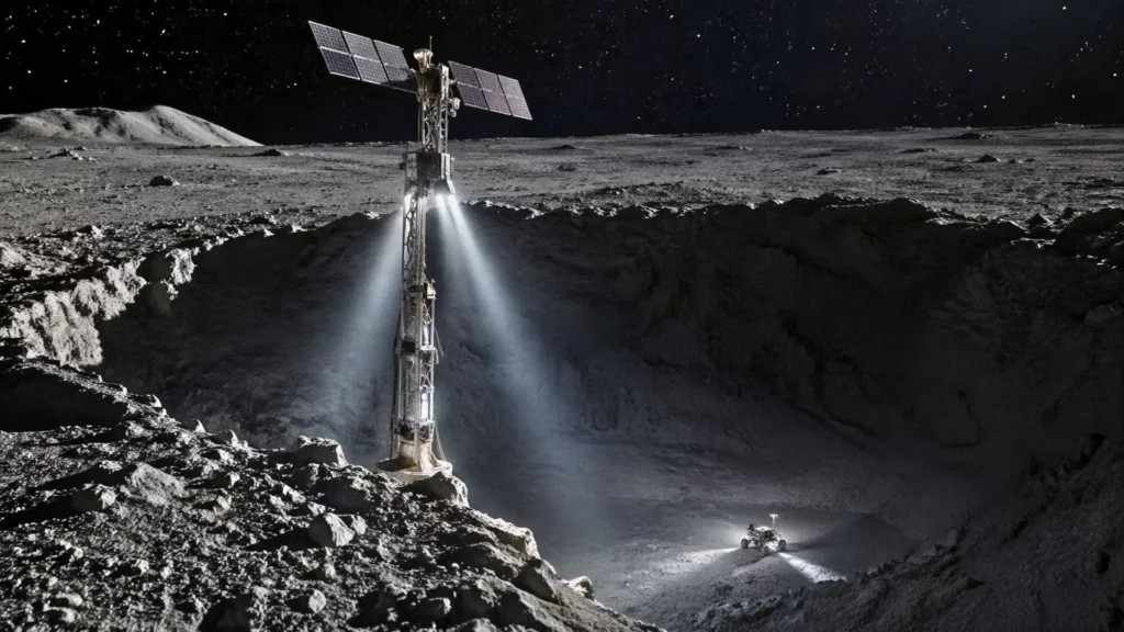 Une tour métallique sur le bord d’un cratère lunaire projette de puissants faisceaux lumineux vers un rover en contrebas.