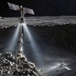 Une tour métallique sur le bord d’un cratère lunaire projette de puissants faisceaux lumineux vers un rover en contrebas.