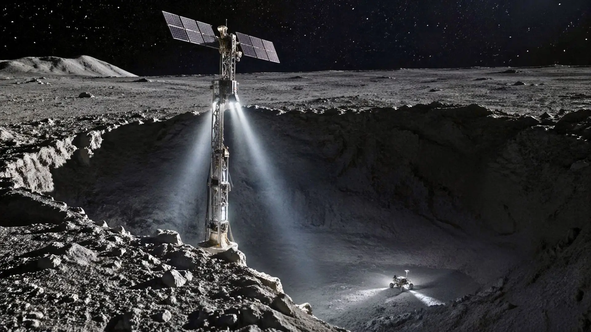 Une tour métallique sur le bord d’un cratère lunaire projette de puissants faisceaux lumineux vers un rover en contrebas.