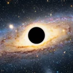 Une vue spatiale spectaculaire montrant un trou noir supermassif central entouré d'un disque d'accrétion lumineux orangé, au cœur d'une vaste galaxie spirale parsemée d'étoiles et de poussière cosmique.