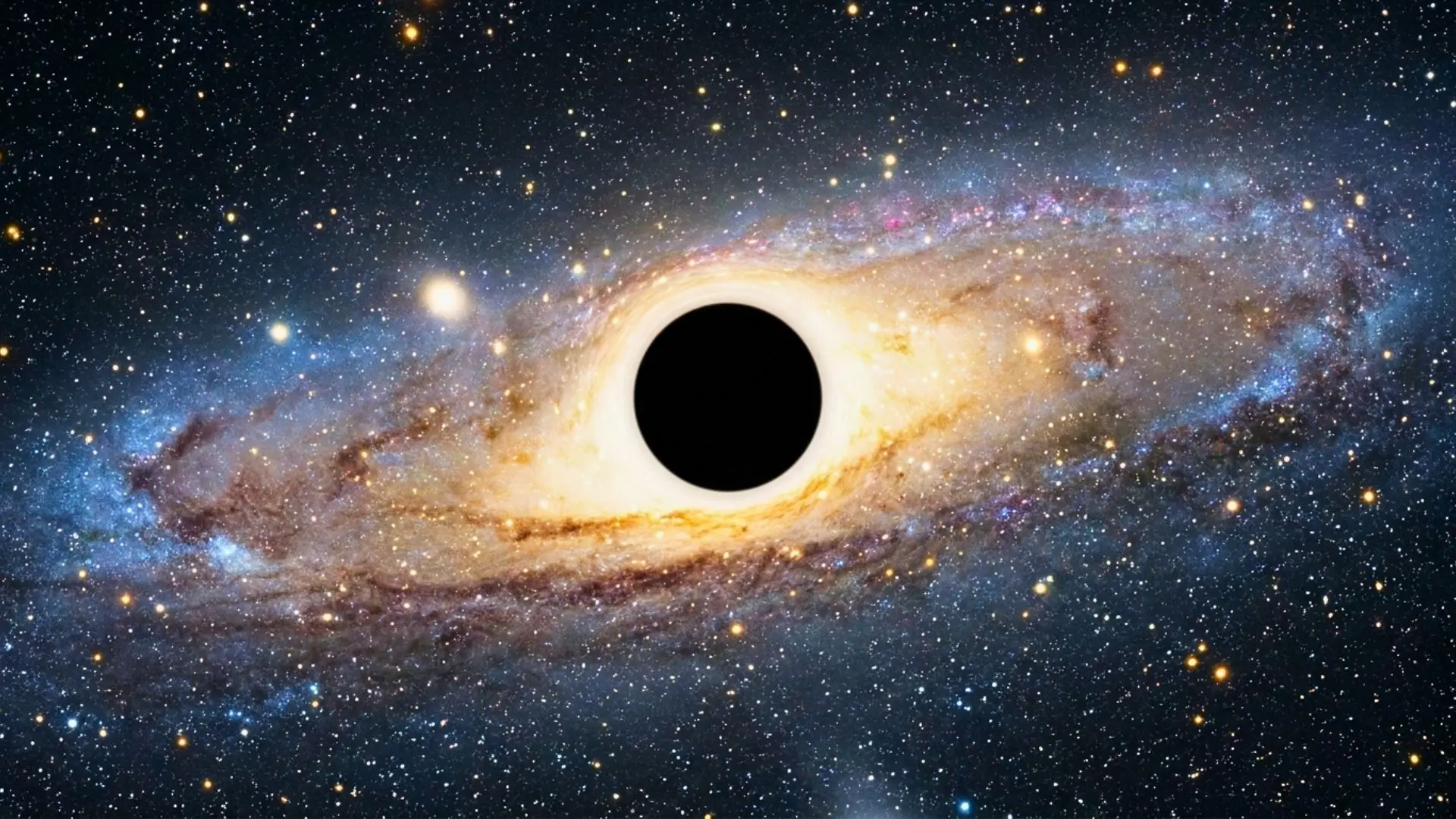 Une vue spatiale spectaculaire montrant un trou noir supermassif central entouré d'un disque d'accrétion lumineux orangé, au cœur d'une vaste galaxie spirale parsemée d'étoiles et de poussière cosmique.