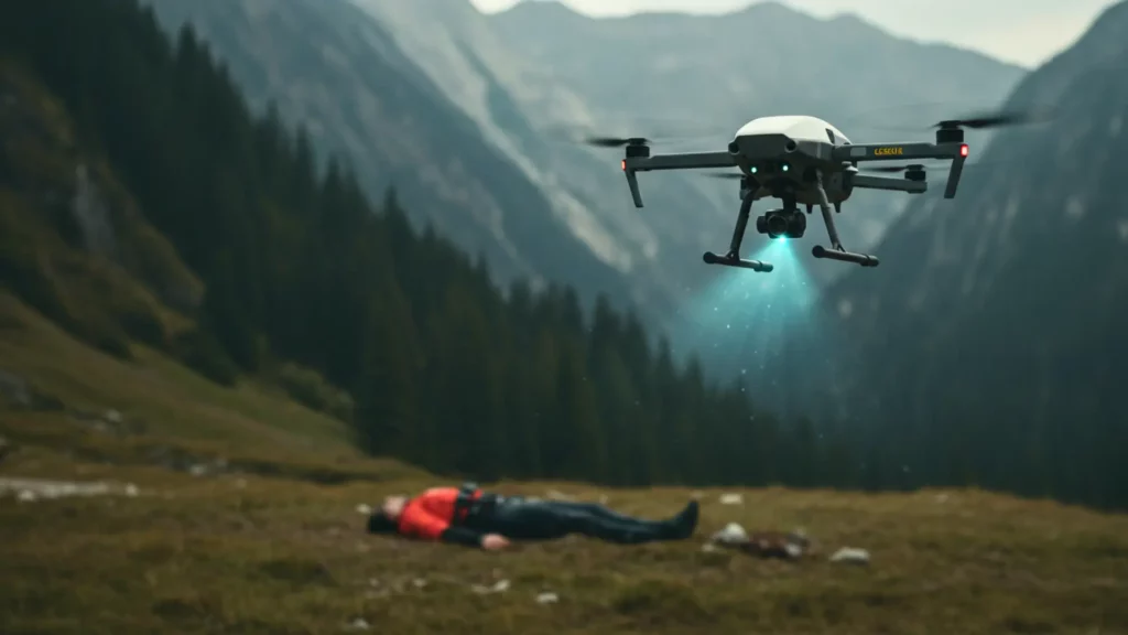 Drone de sauvetage avec intelligence artificielle survolant une victime allongée en montagne