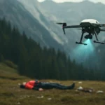 Drone de sauvetage avec intelligence artificielle survolant une victime allongée en montagne