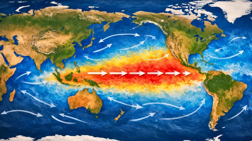 Carte du monde montrant El Niño avec une bande d’eaux chaudes dans le Pacifique équatorial et les courants océaniques