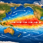 Carte du monde montrant El Niño avec une bande d’eaux chaudes dans le Pacifique équatorial et les courants océaniques