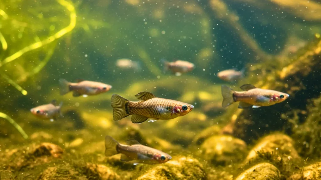 Groupe de molly amazone nageant en eau douce, poisson entièrement femelle capable de se reproduire sans apport génétique mâle