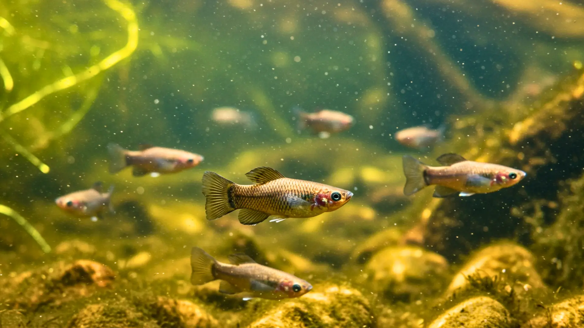 Groupe de molly amazone nageant en eau douce, poisson entièrement femelle capable de se reproduire sans apport génétique mâle