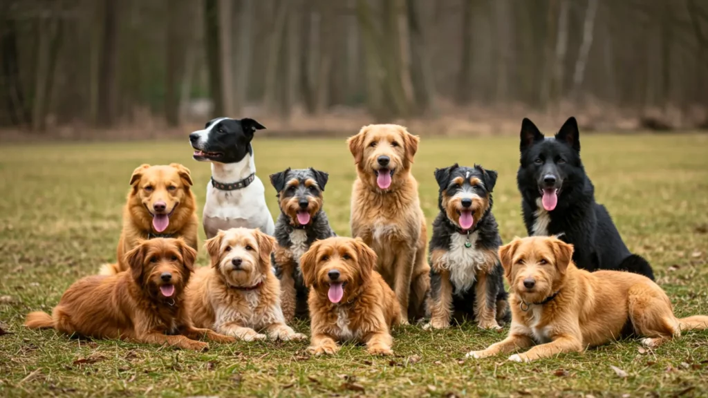 Groupe de chiens de races variées assis et allongés dans un parc, illustrant la diversité canine