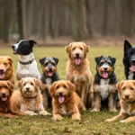 Groupe de chiens de races variées assis et allongés dans un parc, illustrant la diversité canine