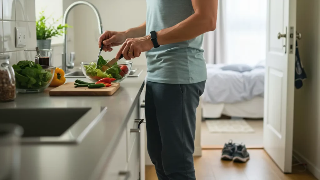 Homme préparant une salade de légumes frais dans une cuisine moderne pour une alimentation saine