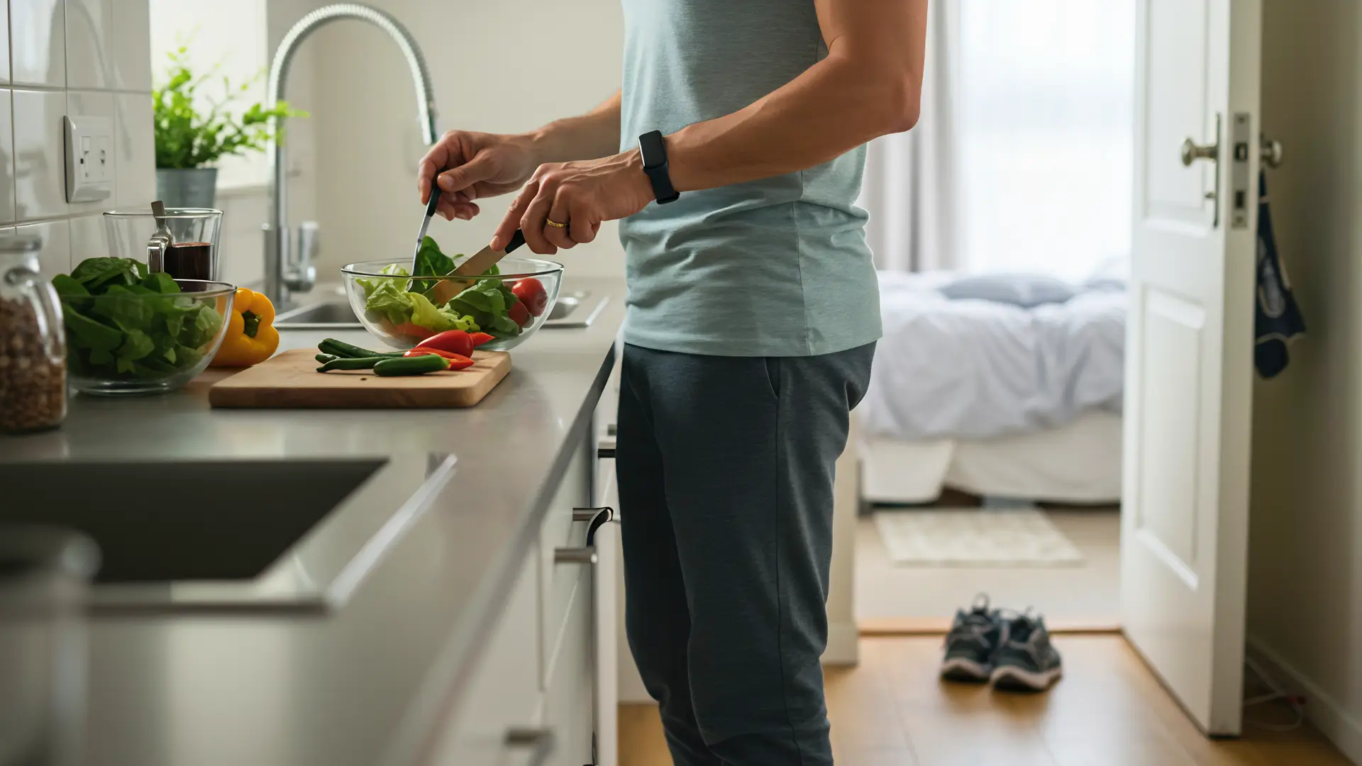 Homme préparant une salade de légumes frais dans une cuisine moderne pour une alimentation saine