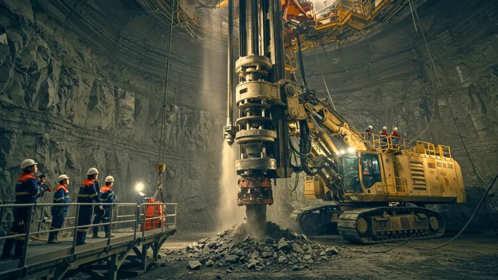 Foreuse verticale géante en fonctionnement dans une mine profonde avec des ouvriers autour