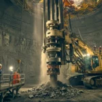 Foreuse verticale géante en fonctionnement dans une mine profonde avec des ouvriers autour