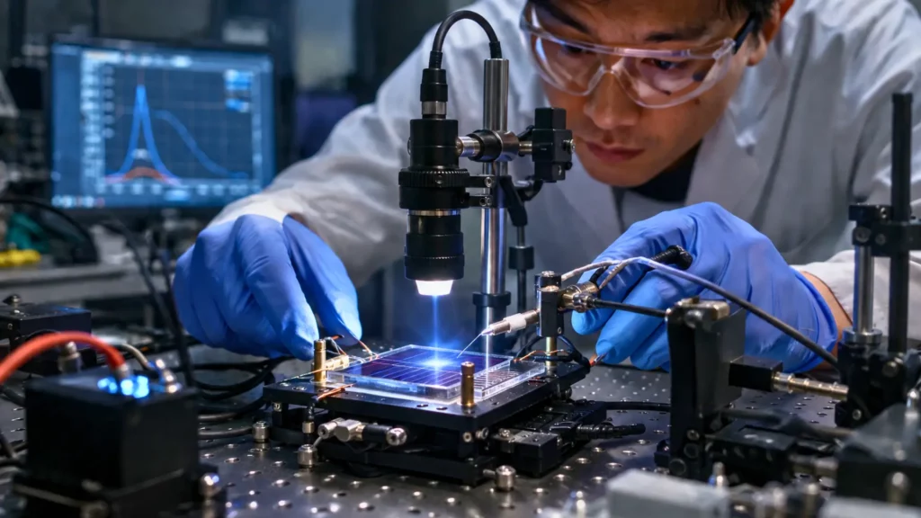 Scientifique manipulant un dispositif expérimental de cellule solaire sous lumière contrôlée en laboratoire