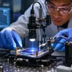 Scientifique manipulant un dispositif expérimental de cellule solaire sous lumière contrôlée en laboratoire
