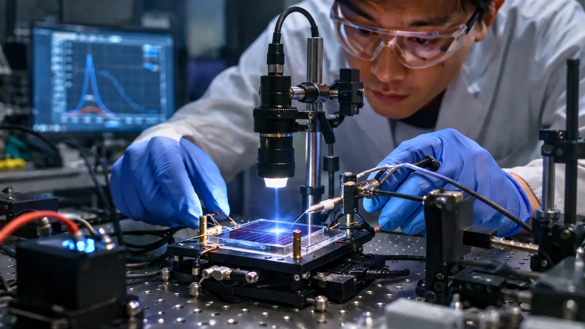 Scientifique manipulant un dispositif expérimental de cellule solaire sous lumière contrôlée en laboratoire