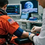Astronaute Artémis II en combinaison orange recevant un examen médical après une mission lunaire avec un médecin