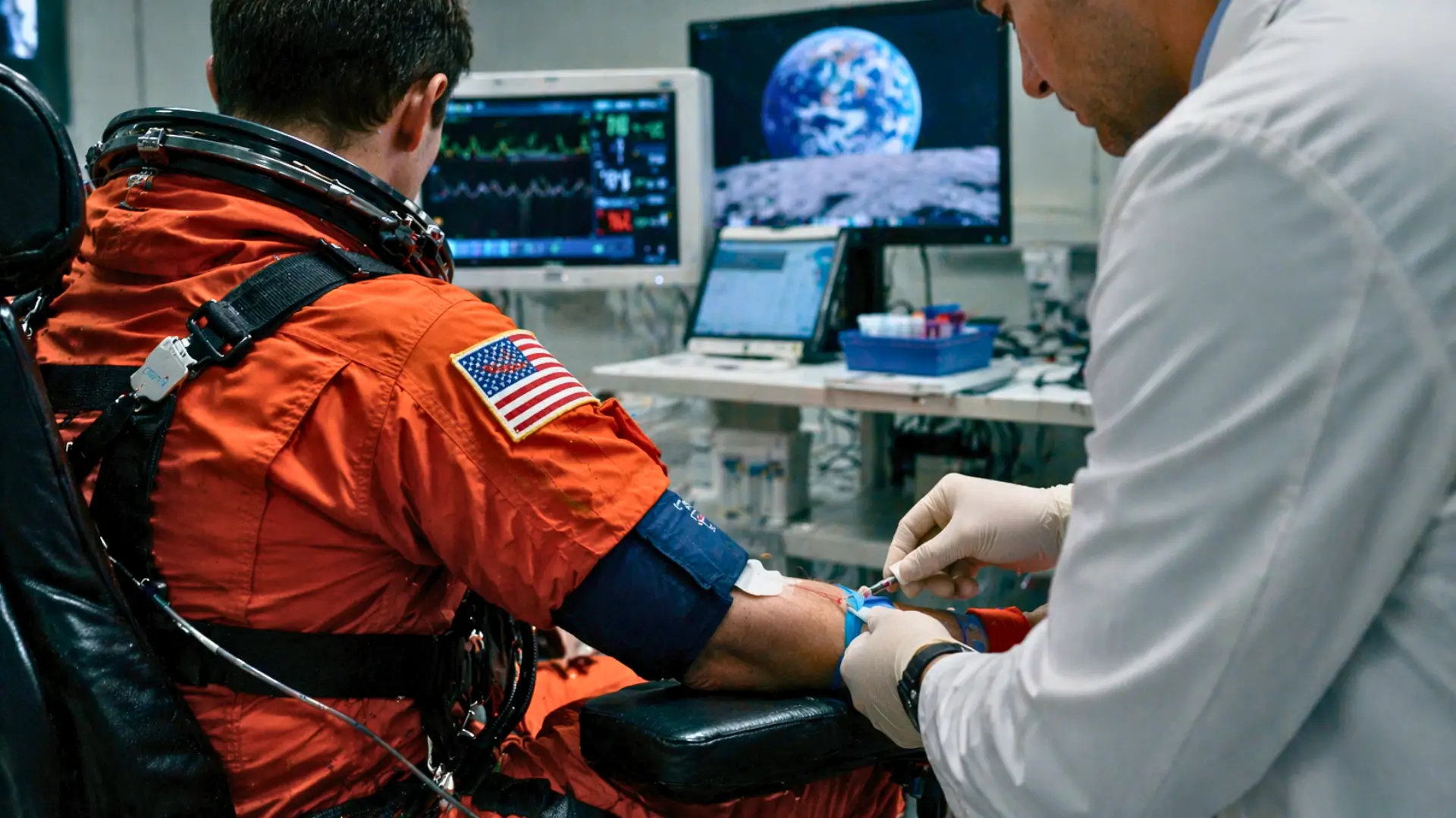 Astronaute Artémis II en combinaison orange recevant un examen médical après une mission lunaire avec un médecin