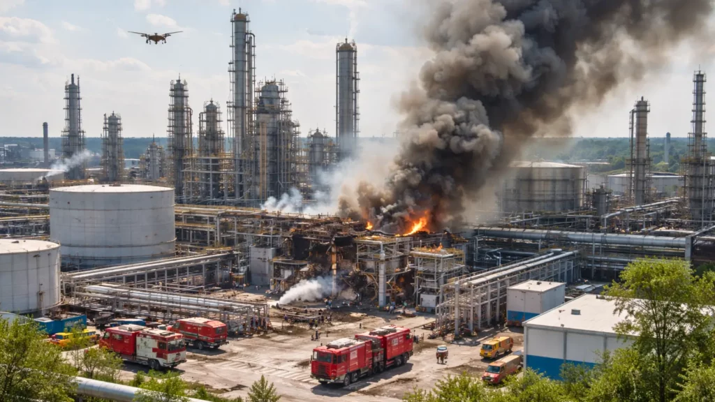 Usine pétrochimique russe endommagée après une frappe de drone avec fumée et intervention des secours