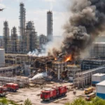 Usine pétrochimique russe endommagée après une frappe de drone avec fumée et intervention des secours