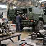 Scène industrielle photoréaliste dans une usine allemande moderne, avec un véhicule de soutien militaire en cours d’assemblage, de gros composants moteurs et des modules de propulsion pour drones sur des établis.