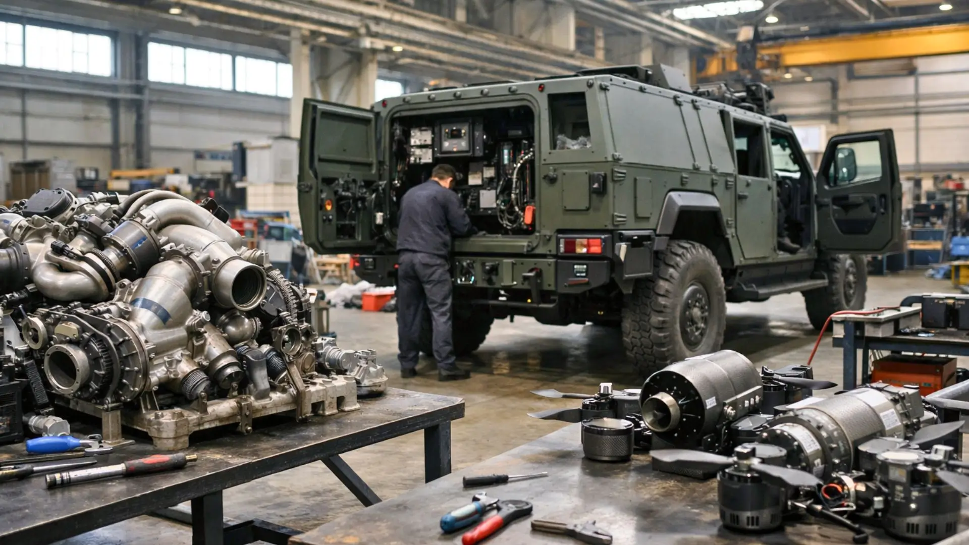 Scène industrielle photoréaliste dans une usine allemande moderne, avec un véhicule de soutien militaire en cours d’assemblage, de gros composants moteurs et des modules de propulsion pour drones sur des établis.