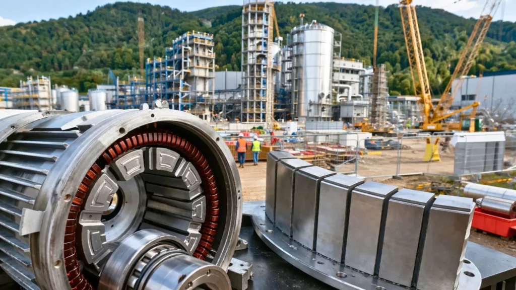 Un site industriel moderne en construction dans une vallée verdoyante du sud-ouest de la France, avec au premier plan un moteur électrique démonté révélant des aimants permanents en terres rares.