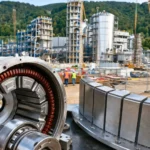 Un site industriel moderne en construction dans une vallée verdoyante du sud-ouest de la France, avec au premier plan un moteur électrique démonté révélant des aimants permanents en terres rares.