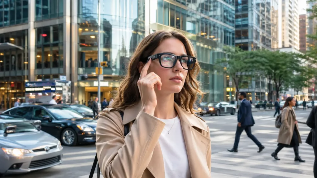Femme en ville portant des lunettes connectées interagissant avec une interface numérique discrète