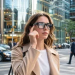 Femme en ville portant des lunettes connectées interagissant avec une interface numérique discrète