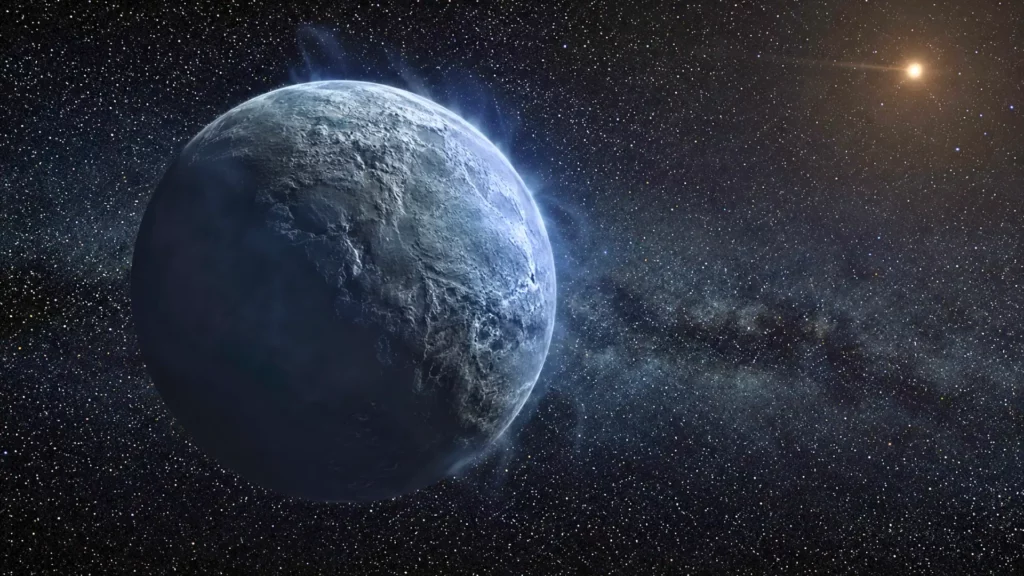 Illustration réaliste de l’objet glacé 2002 XV93 dans la ceinture de Kuiper avec une fine atmosphère visible dans l’espace profond
