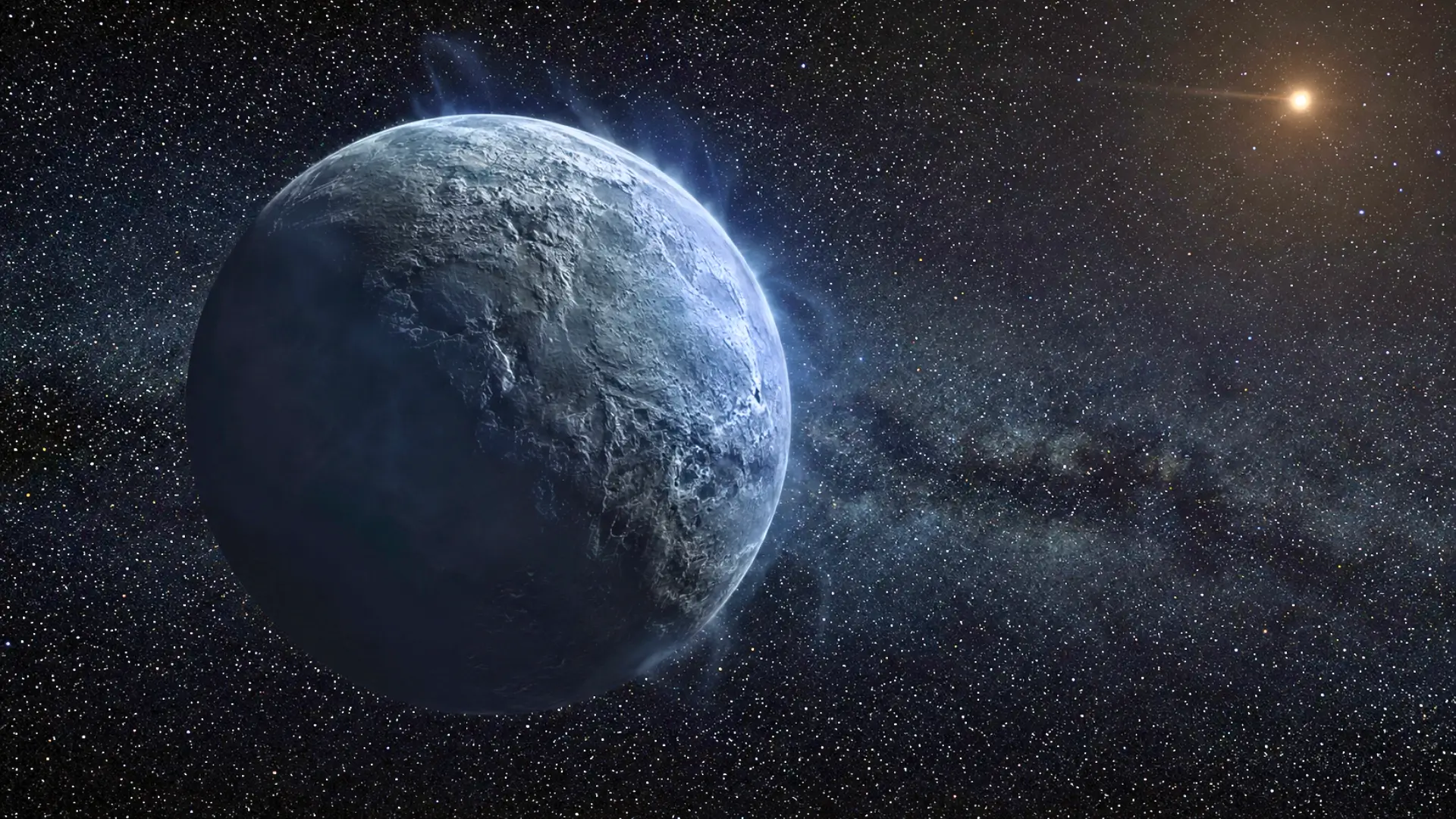 Illustration réaliste de l’objet glacé 2002 XV93 dans la ceinture de Kuiper avec une fine atmosphère visible dans l’espace profond