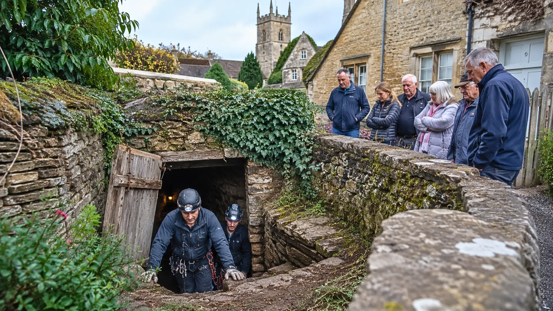 Des spéléologues explorent l’entrée d’un tunnel souterrain découvert dans le village anglais de Bloxham sous le regard des habitants.
