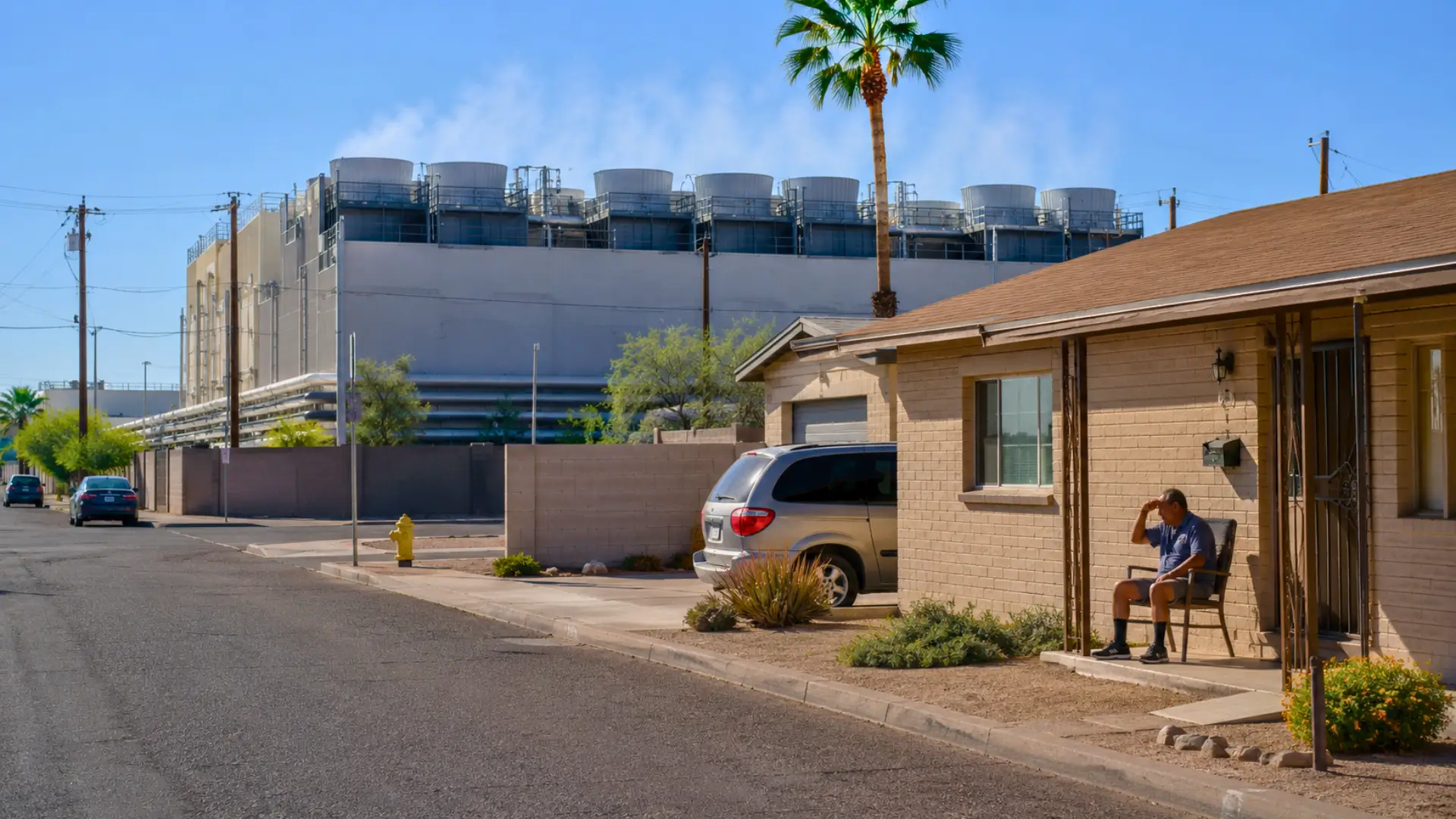 Quartier résidentiel de Phoenix situé près d’un grand data center, sous un soleil intense, avec un habitant assis à l’ombre devant sa maison.