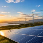Parc solaire et éolien en bord de mer au coucher du soleil représentant la transition énergétique
