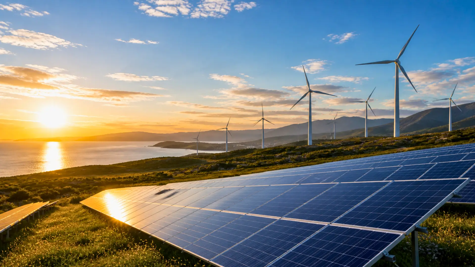 Parc solaire et éolien en bord de mer au coucher du soleil représentant la transition énergétique