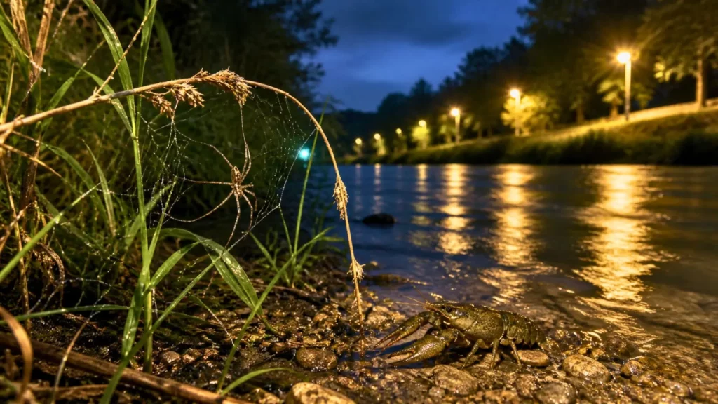 Araignée et écrevisse sur une berge éclairée au bord d’une rivière nocturne.