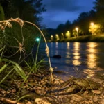 Araignée et écrevisse sur une berge éclairée au bord d’une rivière nocturne.