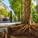 Arbre urbain mature avec racines contraintes sous un trottoir minéral.