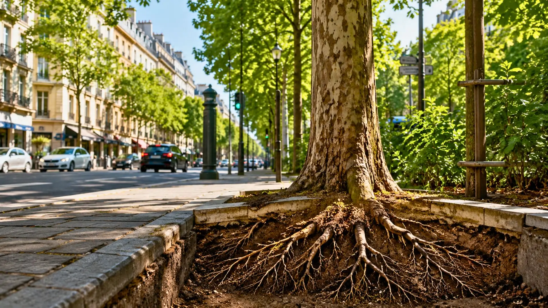 Arbre urbain mature avec racines contraintes sous un trottoir minéral.