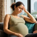 Femme enceinte fatiguée assise près d’une fenêtre pendant une forte chaleur estivale dans un appartement urbain.