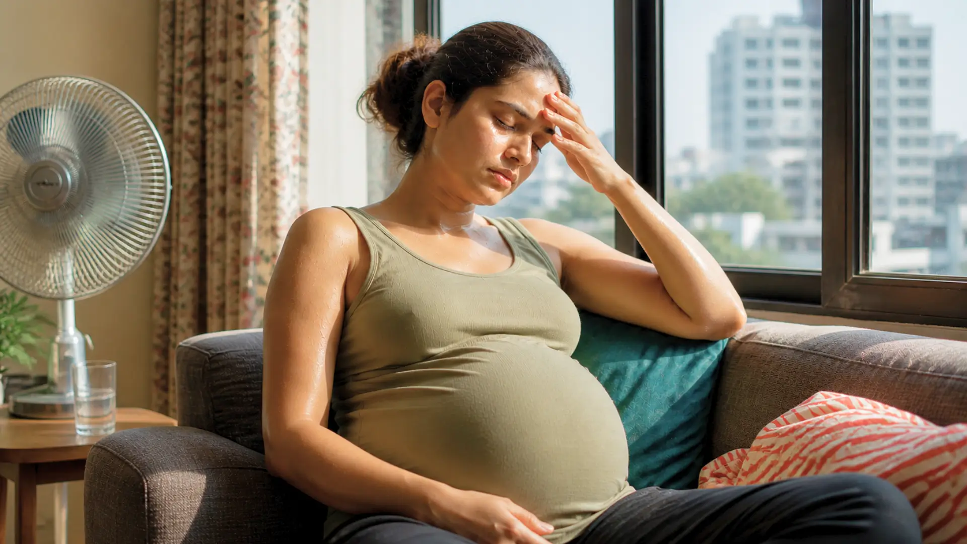 Femme enceinte fatiguée assise près d’une fenêtre pendant une forte chaleur estivale dans un appartement urbain.