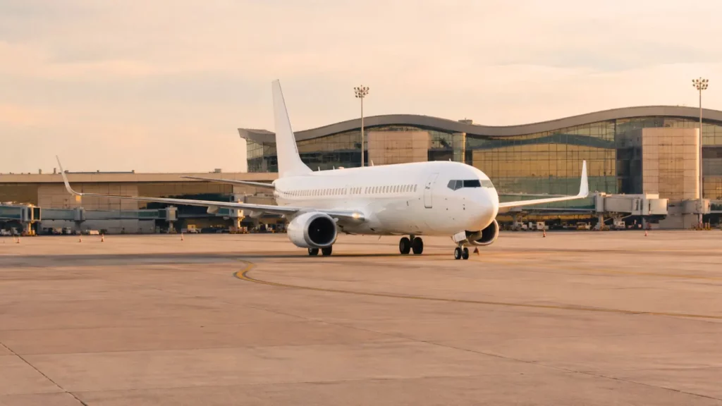 Avion blanc sans logo stationné sur un tarmac devant un terminal moderne.