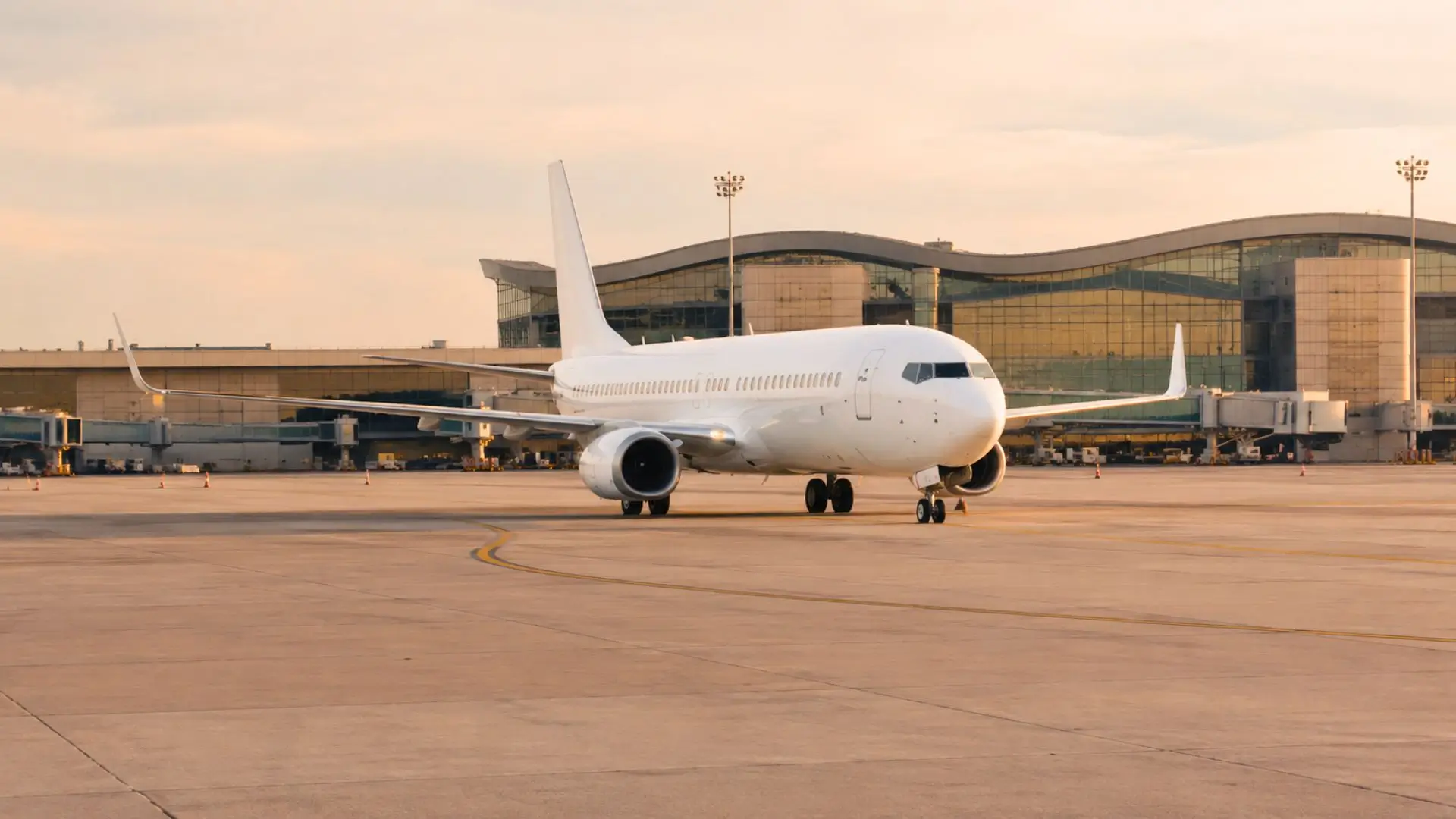 Avion blanc sans logo stationné sur un tarmac devant un terminal moderne.