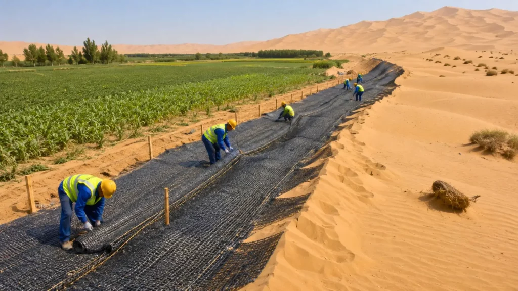 Barrière en fibre sombre installée entre dunes désertiques et champs cultivés.