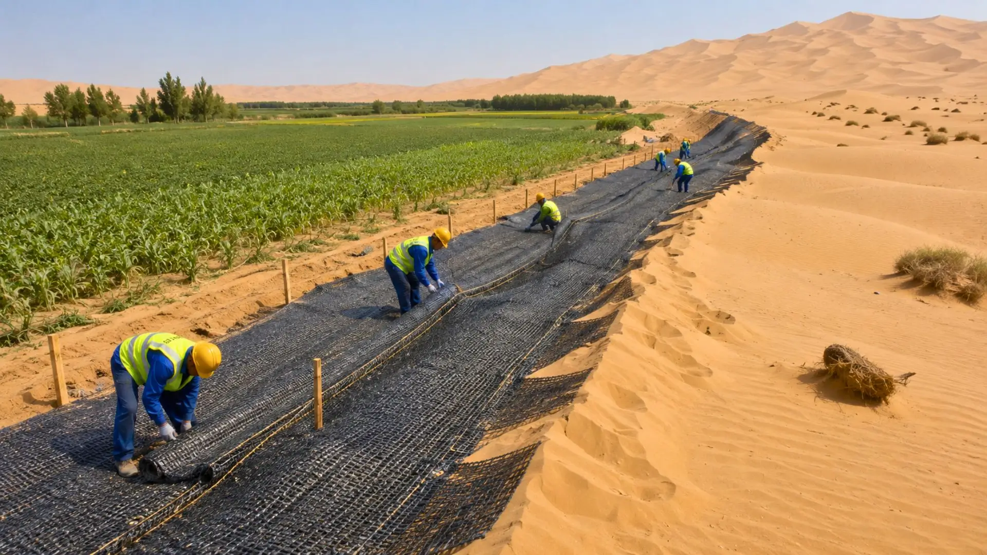 Barrière en fibre sombre installée entre dunes désertiques et champs cultivés.