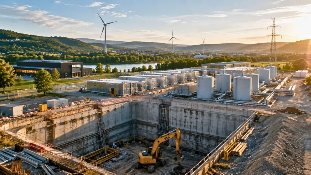 Chantier industriel avec réservoirs de stockage électrique et lignes haute tension en Suisse.